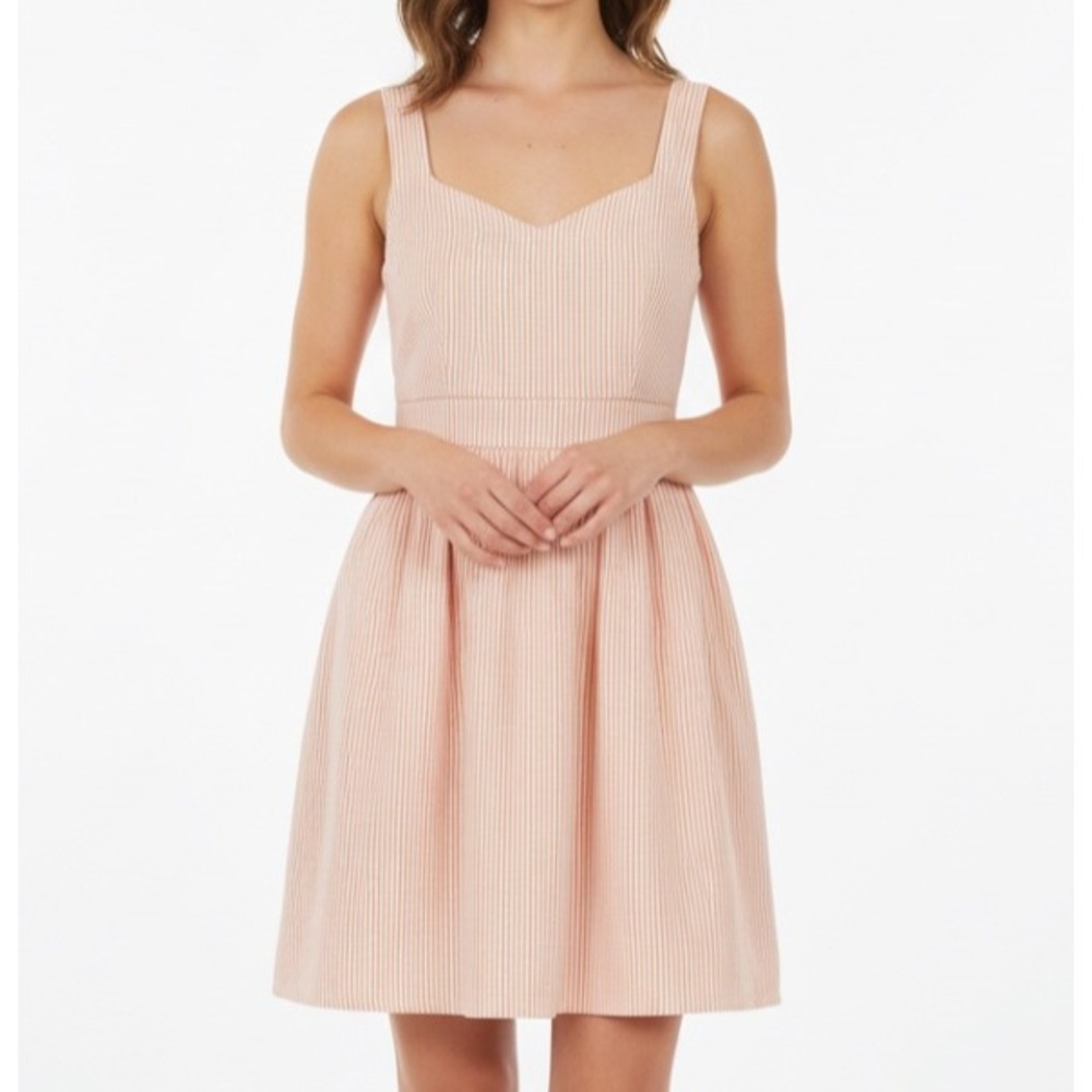 JUDITH MARCH Anthropologie PINK/WHITE Striped TWILL Tie-Back FIT & FLARE Dress M